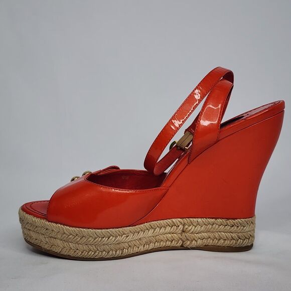 Louis Vuitton Red Patent Leather Espadrille Wedge Sandals Gold Hardware Size 40 - Picture 11 of 16
